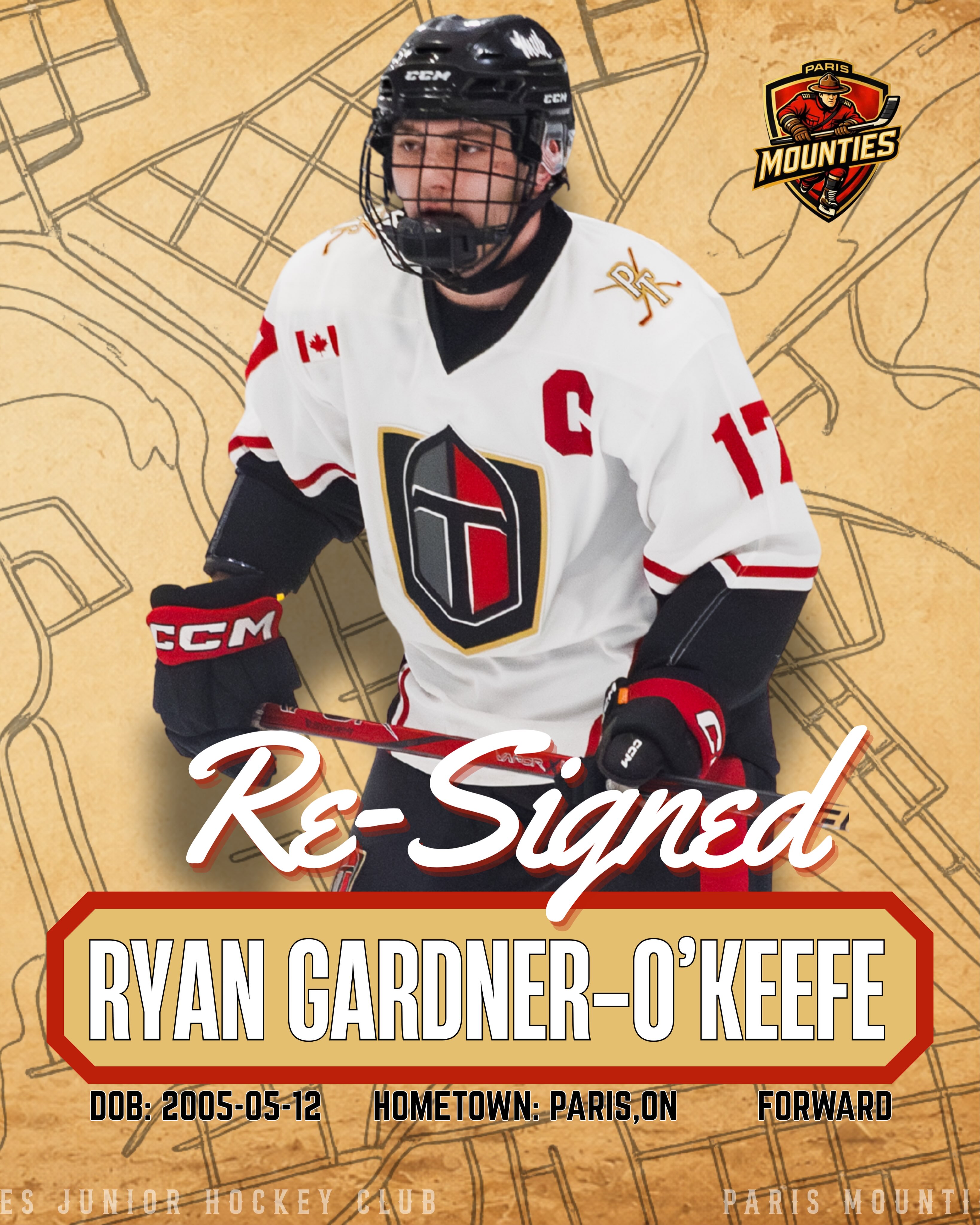 The Paris Mounties are pleased to announce the return of captain Ryan Gardner-O’Keefe for the 2026-27 season, his final year of junior hockey.

The Paris native is coming off a career-best season, posting 12 goals and 27 points in 42 games. Gardner-O’Keefe returns to lead the Mounties once again as he looks to close out his junior career at home.

Welcome back, Cap. #SaddleUp