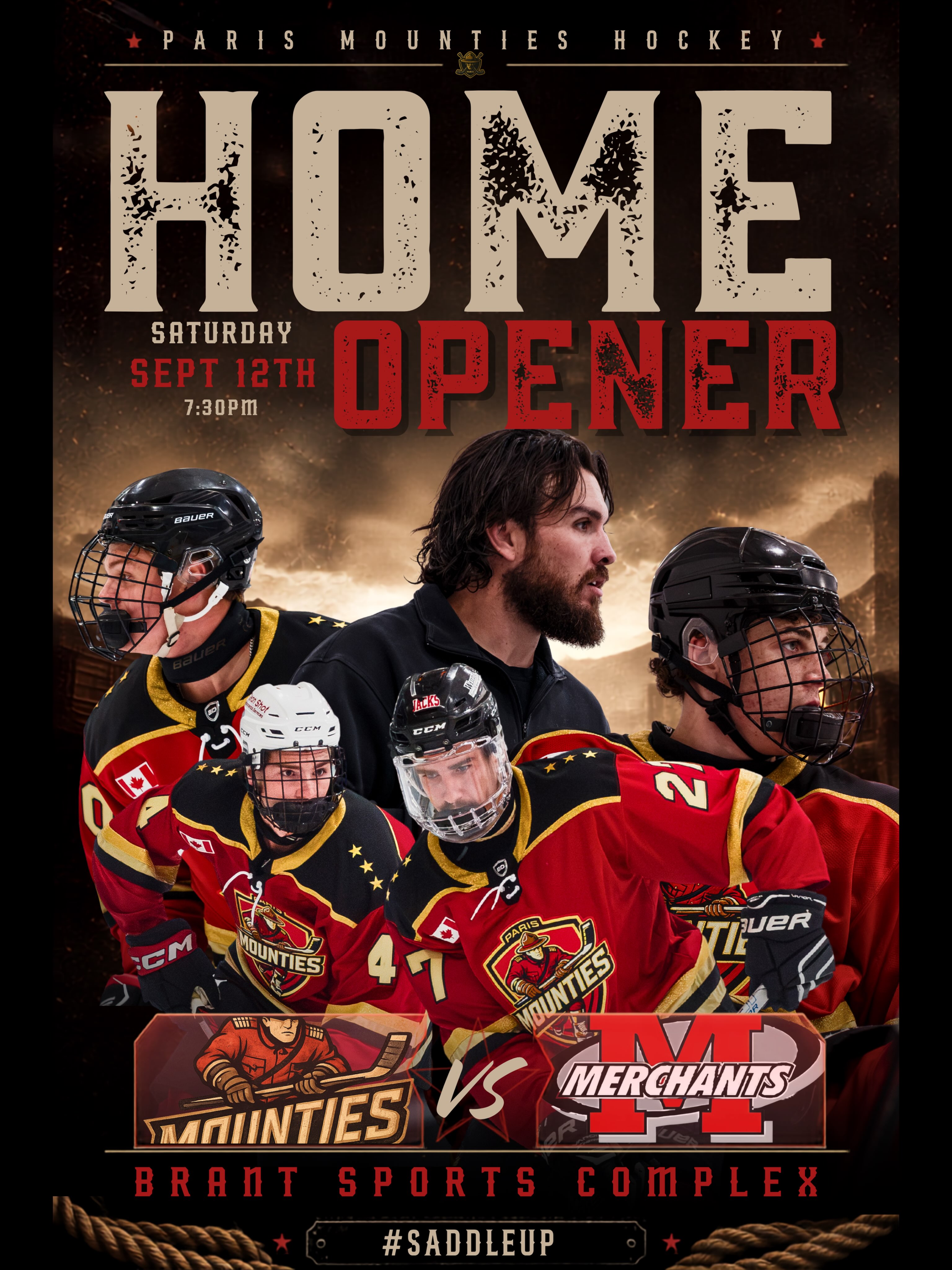 HOME ICE AWAITS. 🏒

The countdown to our 2026-27 Home Opener is on. #SaddleUp 

📅 Saturday, September 12
🆚 @norwichmerchantsjrchockey 
⏰ 7:30 PM
🏟️ Brant Sports Complex
🎟️ Tickets at Door | Cash/Card